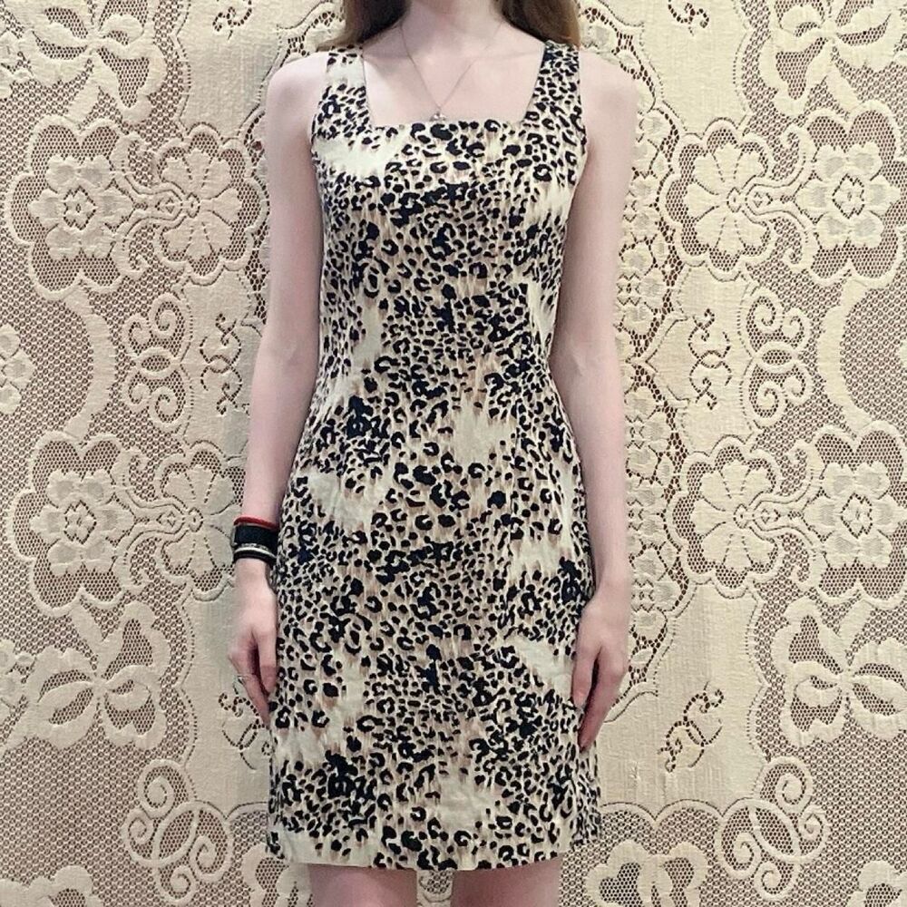 Vintage 1990s Leopard Print Linen & Rayon Blend Square Neck Shift Mini Dress
